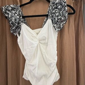 Anthropologie White and Black Ruched Sleeveless Tank